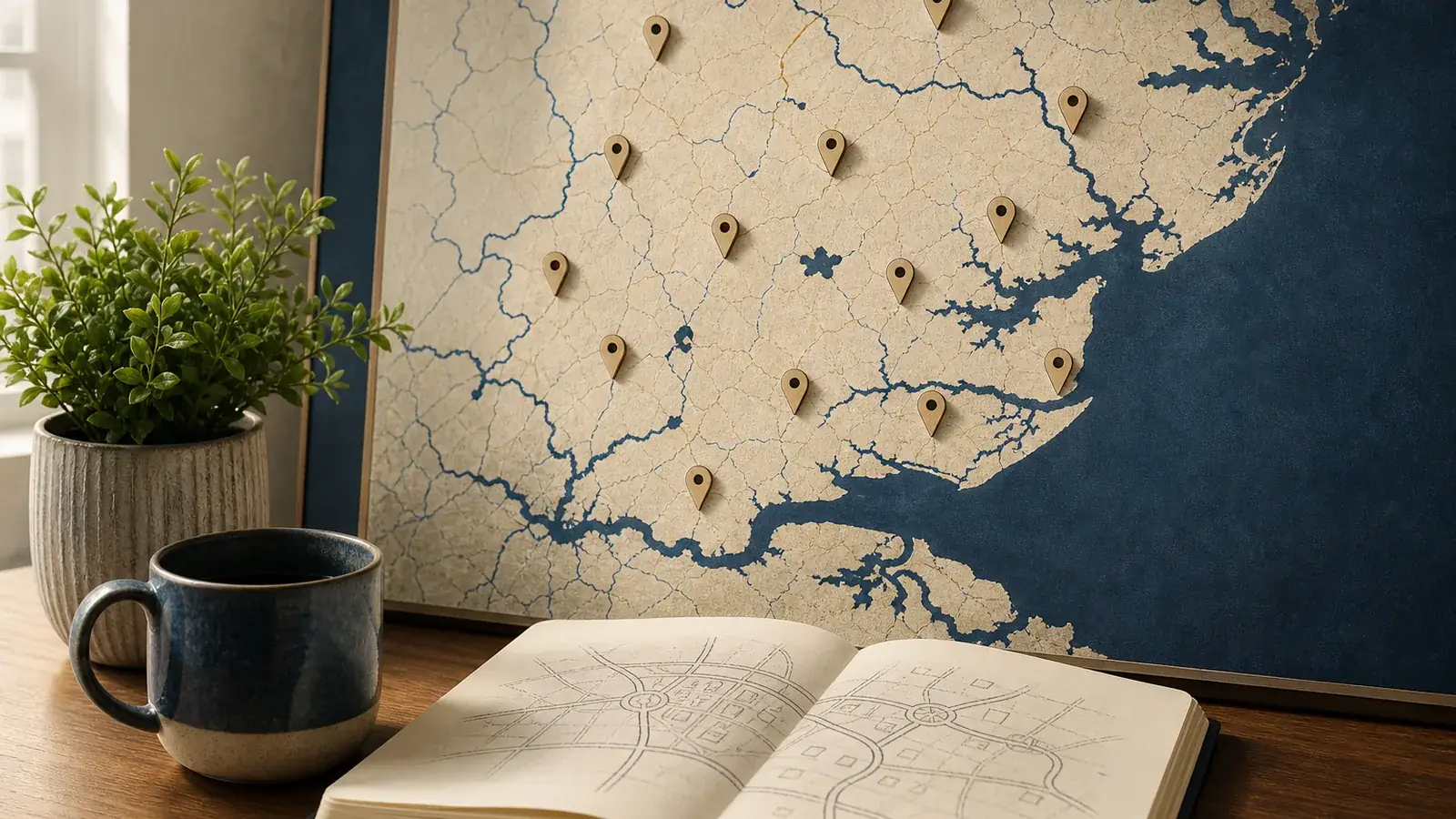 A desk with a stylised map of Essex marked with twelve town pins, a notebook and a coffee cup