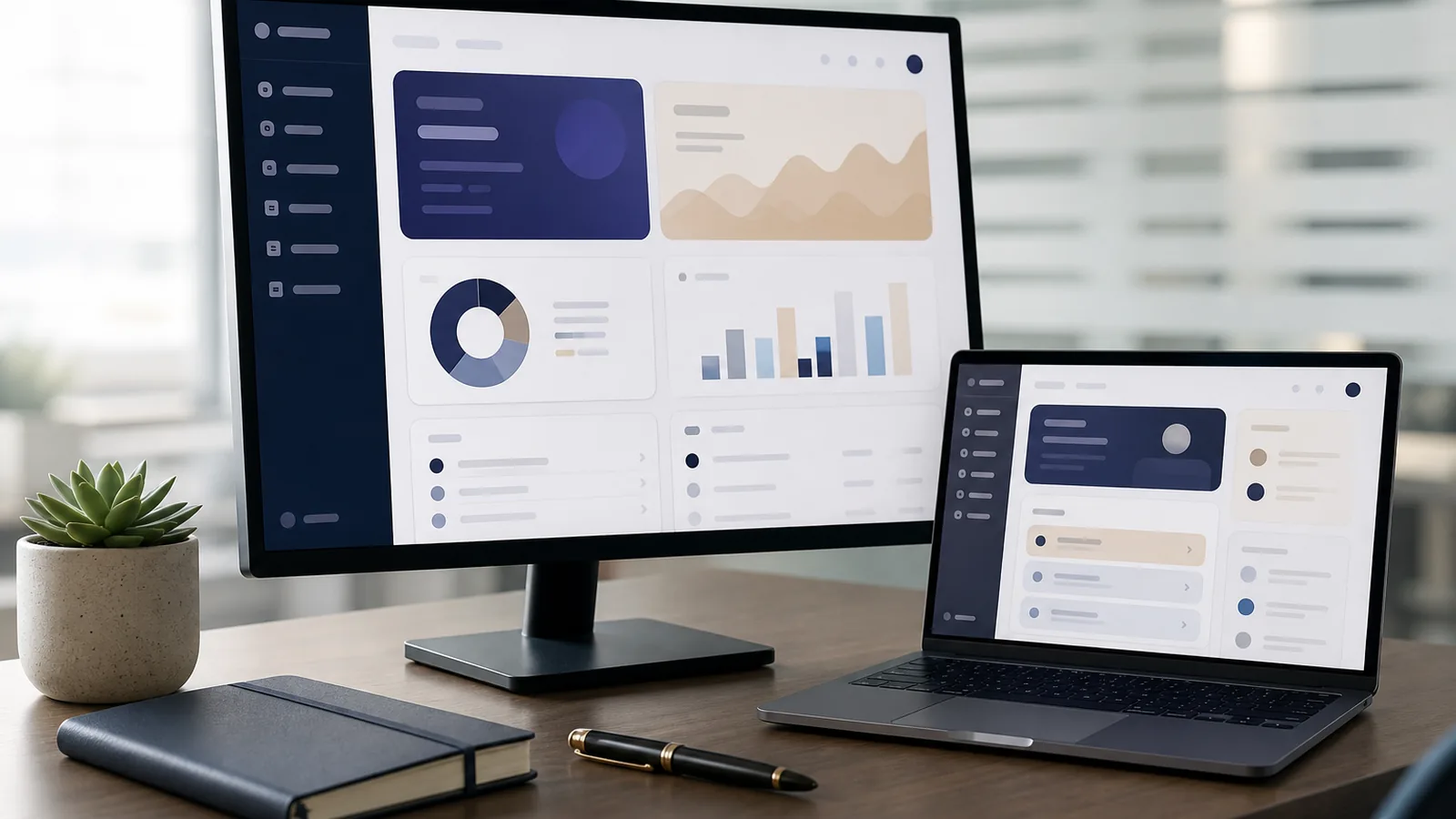 An agency desk with a monitor and laptop showing a white-label client-workspace dashboard
