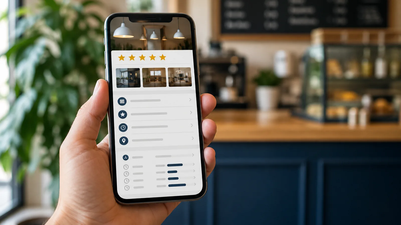 A smartphone showing a Google Business Profile listing with rating, photos and opening hours over a warm small-business interior
