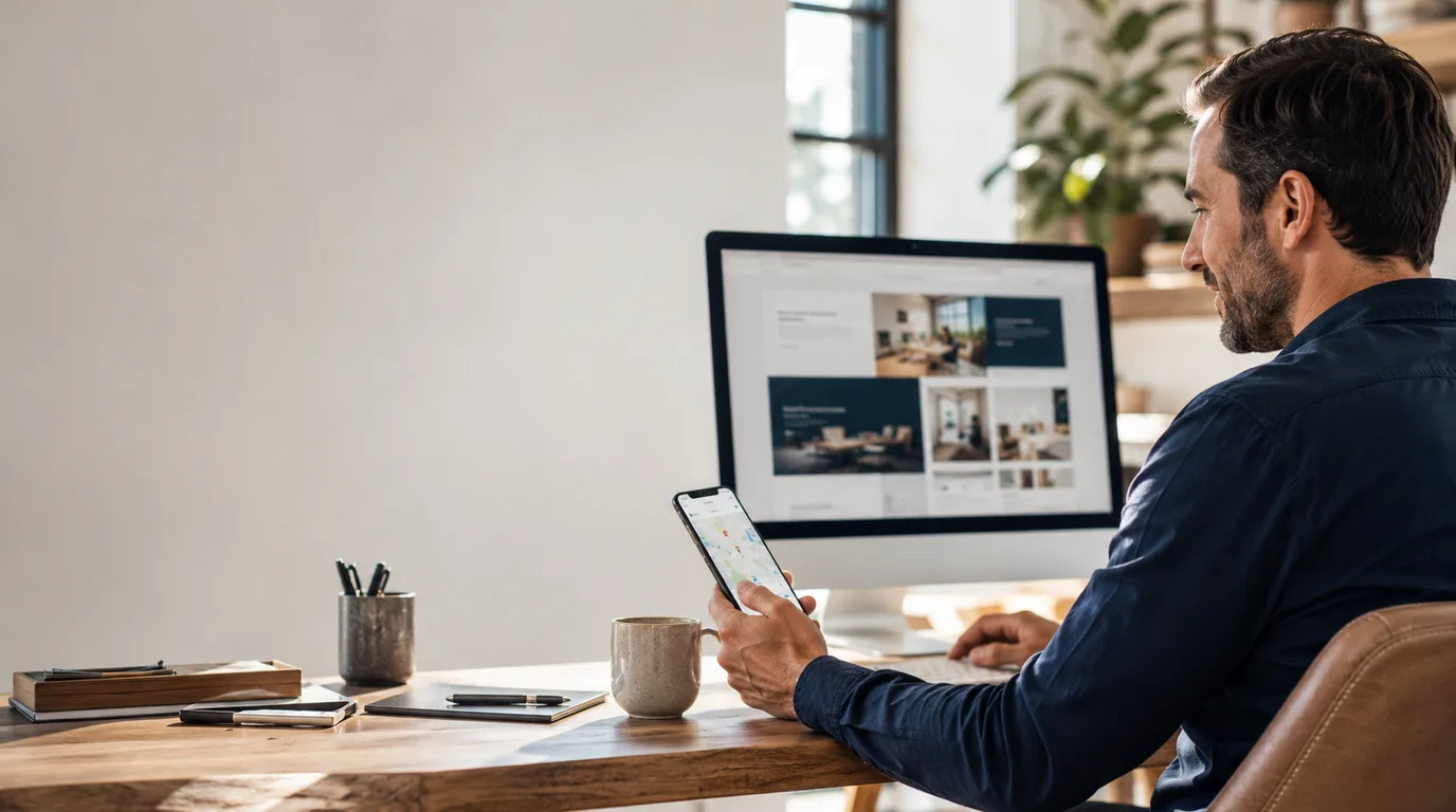Small-business owner reviewing a website on a desktop computer while checking a local map on a phone