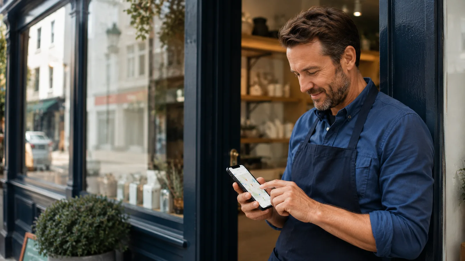 Independent shop owner checking a local search listing on a smartphone outside their business