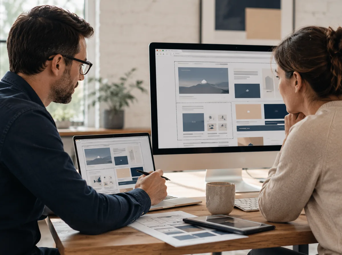 Business owner and web designer reviewing a website layout together