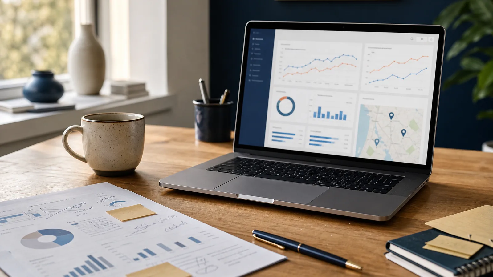 A consultant's desk with an open laptop showing a local search audit dashboard, a printed report and notes