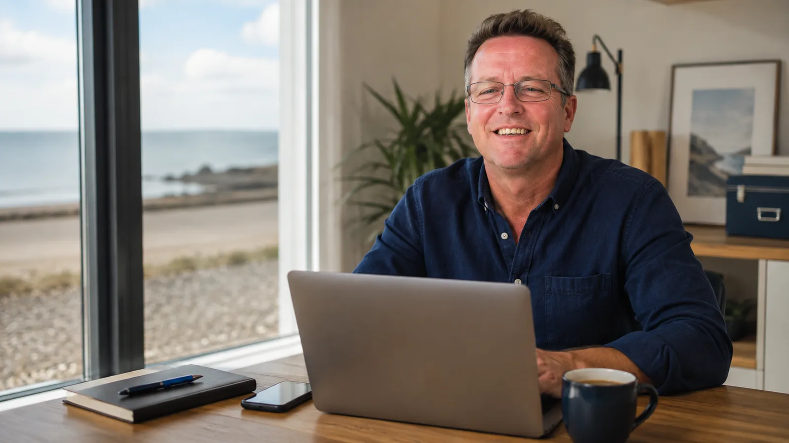 Tony working from his Clacton on Sea office beside the seafront